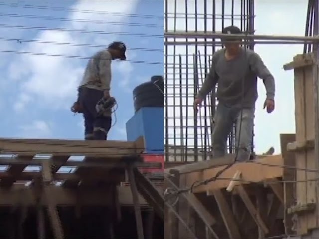 Obreros trabajan sin medidas de seguridad en lo alto de una construcción Obreros trabajan sin medidas de seguridad en lo alto de una construcción